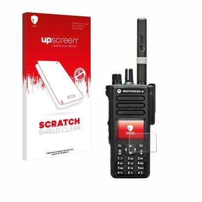 Vorderseite einer Produktverpackung mit dem Markenlogo upscreen. Daneben ist das Gerät Motorola DP4800 mit dem zugehörigen Dis