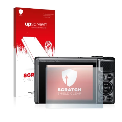 Vorderseite einer Produktverpackung mit dem Markenlogo upscreen. Daneben ist das Gerät Canon PowerShot SX730 HS mit dem zugehö