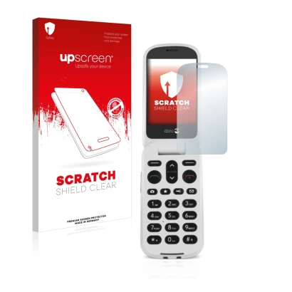 Vorderseite einer Produktverpackung mit dem Markenlogo upscreen. Daneben ist das Gerät Doro 6050 mit dem zugehörigen Displaysc