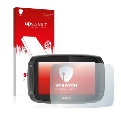 Vorderseite einer Produktverpackung mit dem Markenlogo upscreen. Daneben ist das Gerät TomTom Rider 450 mit dem zugehörigen Di