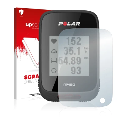 Vorderseite einer Produktverpackung mit dem Markenlogo upscreen. Daneben ist das Gerät Polar M460 mit dem zugehörigen Displays