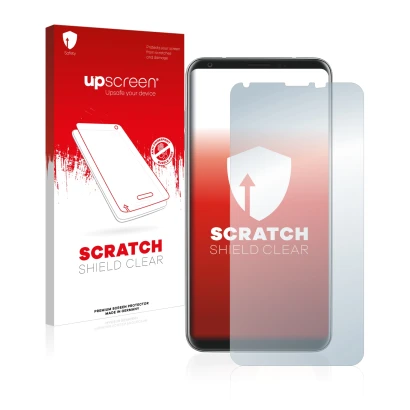 Vorderseite einer Produktverpackung mit dem Markenlogo upscreen. Daneben ist das Gerät LG V30 mit dem zugehörigen Displayschut