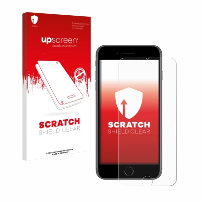 Vorderseite einer Produktverpackung mit dem Markenlogo upscreen. Daneben ist das Gerät Apple iPhone 8 Plus mit dem zugehörigen