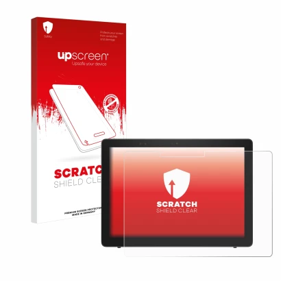 Vorderseite einer Produktverpackung mit dem Markenlogo upscreen. Daneben ist das Gerät Dell Latitude 5285 mit dem zugehörigen