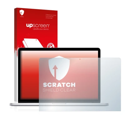 Vorderseite einer Produktverpackung mit dem Markenlogo upscreen. Daneben ist das Gerät Apple MacBook Pro 15" 2017 mit dem zuge