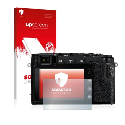 Vorderseite einer Produktverpackung mit dem Markenlogo upscreen. Daneben ist das Gerät Fujifilm X-E3 mit dem zugehörigen Displ