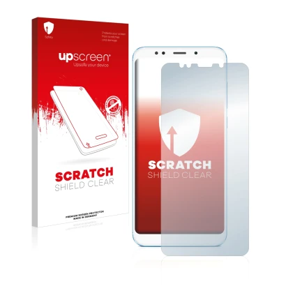 Vorderseite einer Produktverpackung mit dem Markenlogo upscreen. Daneben ist das Gerät Xiaomi Redmi 5 Plus mit dem zugehörigen