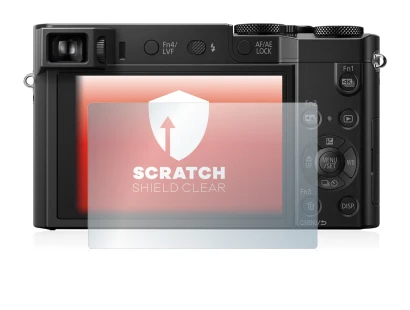 Abbildung des Geräts Panasonic Lumix DMC-TZ100 mit einer Vielzahl des Displayschutzes.