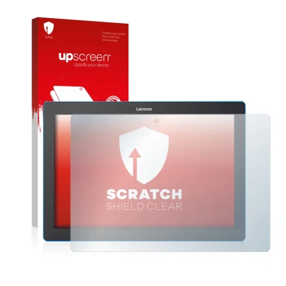 Vorderseite einer Produktverpackung mit dem Markenlogo upscreen. Daneben ist das Gerät Lenovo Tab 10 TB-X103F mit dem zugehöri