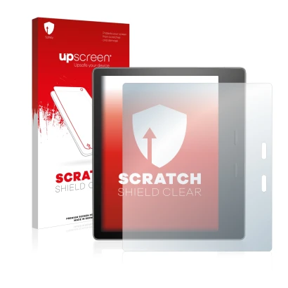 Vorderseite einer Produktverpackung mit dem Markenlogo upscreen. Daneben ist das Gerät Amazon Kindle Oasis 2017 (9. Gen.) mit 