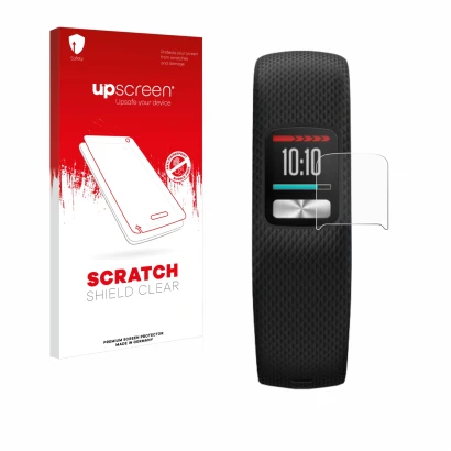 Vorderseite einer Produktverpackung mit dem Markenlogo upscreen. Daneben ist das Gerät Garmin Vivofit 4 mit dem zugehörigen Di