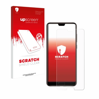 Vorderseite einer Produktverpackung mit dem Markenlogo upscreen. Daneben ist das Gerät Huawei P20 mit dem zugehörigen Displays