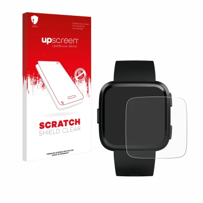 Vorderseite einer Produktverpackung mit dem Markenlogo upscreen. Daneben ist das Gerät Fitbit Versa mit dem zugehörigen Displa