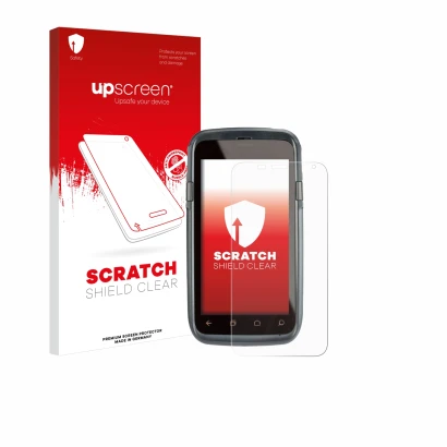 Vorderseite einer Produktverpackung mit dem Markenlogo upscreen. Daneben ist das Gerät Honeywell Dolphin CT60 mit dem zugehöri