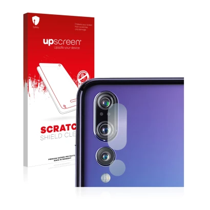 Vorderseite einer Produktverpackung mit dem Markenlogo upscreen. Daneben ist das Gerät Huawei P20 Pro (NUR Kameraschutz) mit d