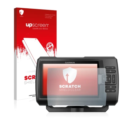 Vorderseite einer Produktverpackung mit dem Markenlogo upscreen. Daneben ist das Gerät Garmin Striker Plus 7cv mit dem zugehör