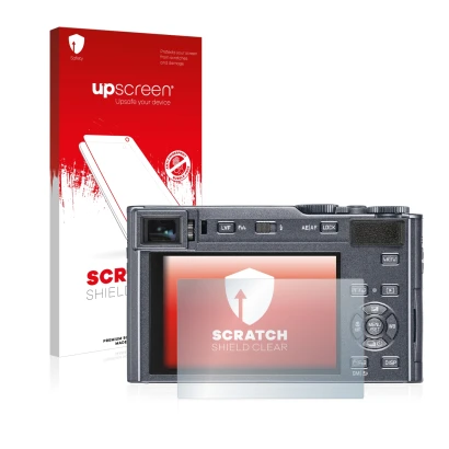 Vorderseite einer Produktverpackung mit dem Markenlogo upscreen. Daneben ist das Gerät Leica C-Lux mit dem zugehörigen Display
