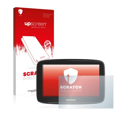 Vorderseite einer Produktverpackung mit dem Markenlogo upscreen. Daneben ist das Gerät TomTom GO Basic (6") mit dem zugehörige