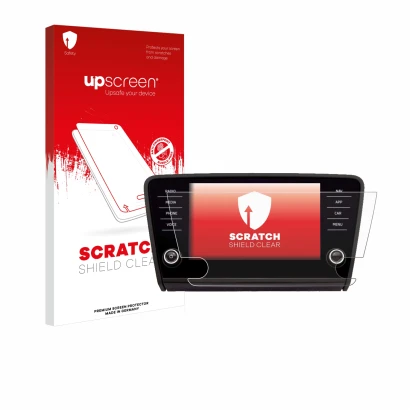 Vorderseite einer Produktverpackung mit dem Markenlogo upscreen. Daneben ist das Gerät Skoda Amundsen Superb 2018 Infotainment