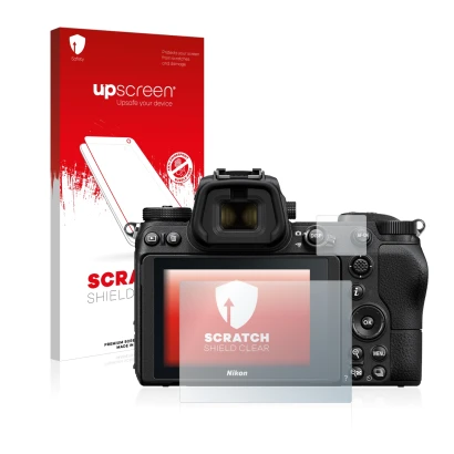 Vorderseite einer Produktverpackung mit dem Markenlogo upscreen. Daneben ist das Gerät Nikon Z 6 mit dem zugehörigen Displaysc