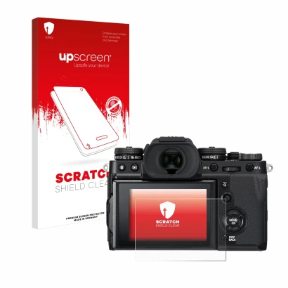 Vorderseite einer Produktverpackung mit dem Markenlogo upscreen. Daneben ist das Gerät Fujifilm X-T3 mit dem zugehörigen Displ