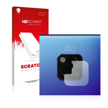 Vorderseite einer Produktverpackung mit dem Markenlogo upscreen. Daneben ist das Gerät Huawei Mate 20 Pro (NUR Kameraschutz) m