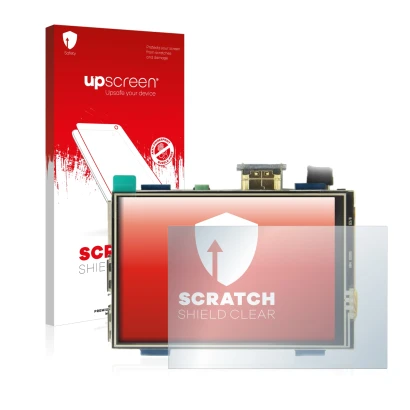 Vorderseite einer Produktverpackung mit dem Markenlogo upscreen. Daneben ist das Gerät Raspberry Pi Touchscreen (3.5") mit dem