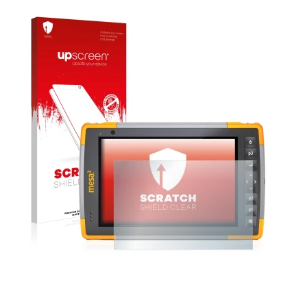 Vorderseite einer Produktverpackung mit dem Markenlogo upscreen. Daneben ist das Gerät Juniper Systems Mesa 2 Rugged Tablet mi