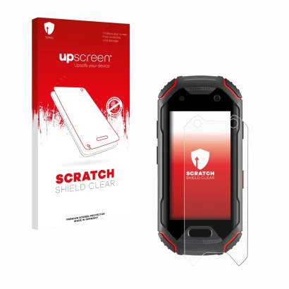 Vorderseite einer Produktverpackung mit dem Markenlogo upscreen. Daneben ist das Gerät Unihertz Atom mit dem zugehörigen Displ