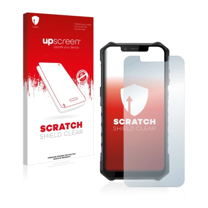 Vorderseite einer Produktverpackung mit dem Markenlogo upscreen. Daneben ist das Gerät Ulefone Armor 6 mit dem zugehörigen Dis