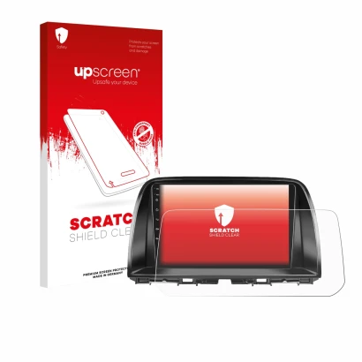 Vorderseite einer Produktverpackung mit dem Markenlogo upscreen. Daneben ist das Gerät Mazda CX-5 2017 Infotainment System mit