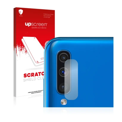 Vorderseite einer Produktverpackung mit dem Markenlogo upscreen. Daneben ist das Gerät Samsung Galaxy A50 (NUR Kameraschutz) m