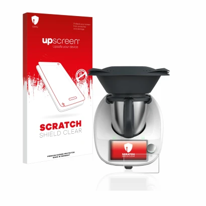 Vorderseite einer Produktverpackung mit dem Markenlogo upscreen. Daneben ist das Gerät Vorwerk Thermomix TM6 mit dem zugehörig