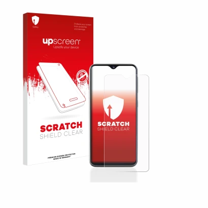 Vorderseite einer Produktverpackung mit dem Markenlogo upscreen. Daneben ist das Gerät Samsung Galaxy A20e mit dem zugehörigen