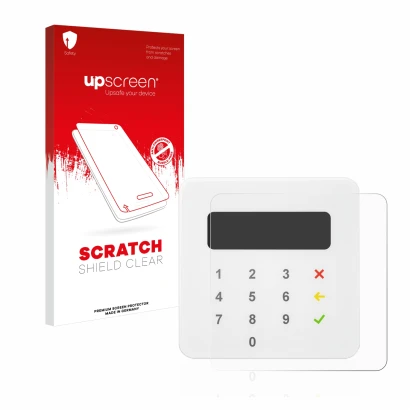 Vorderseite einer Produktverpackung mit dem Markenlogo upscreen. Daneben ist das Gerät SumUp Air mit dem zugehörigen Displaysc