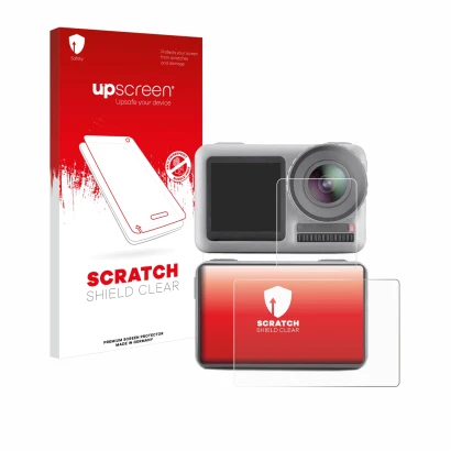 Vorderseite einer Produktverpackung mit dem Markenlogo upscreen. Daneben ist das Gerät DJI Osmo Action mit dem zugehörigen Dis