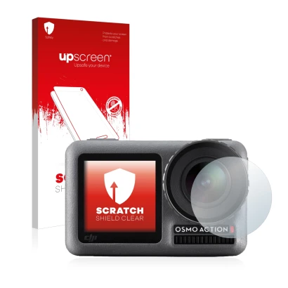 Vorderseite einer Produktverpackung mit dem Markenlogo upscreen. Daneben ist das Gerät DJI Osmo Action (Linse) mit dem zugehör