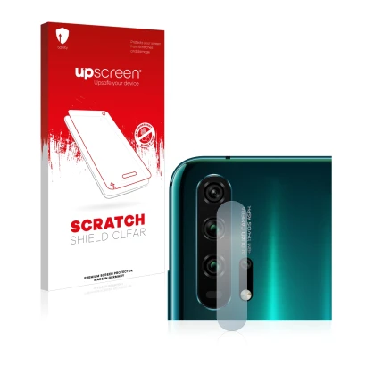 Vorderseite einer Produktverpackung mit dem Markenlogo upscreen. Daneben ist das Gerät Honor 20 Pro (NUR Kameraschutz) mit dem