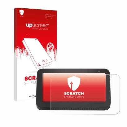Vorderseite einer Produktverpackung mit dem Markenlogo upscreen. Daneben ist das Gerät Amazon Echo Show 5 (2. Gen.) mit dem zu