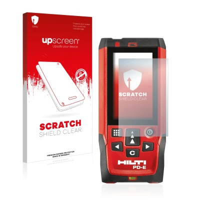 Vorderseite einer Produktverpackung mit dem Markenlogo upscreen. Daneben ist das Gerät Hilti PD-E mit dem zugehörigen Displays