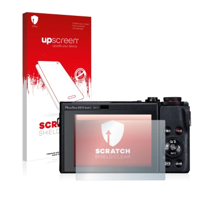 Vorderseite einer Produktverpackung mit dem Markenlogo upscreen. Daneben ist das Gerät Canon PowerShot G5 X Mark II mit dem zu