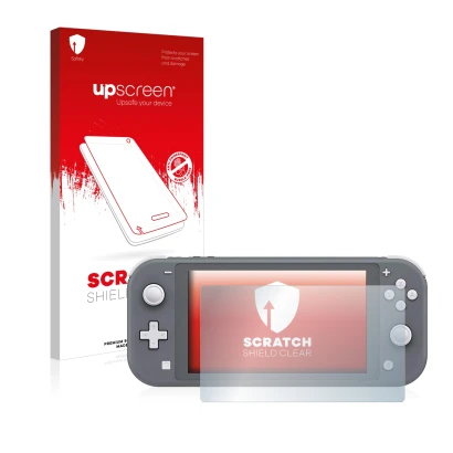 Vorderseite einer Produktverpackung mit dem Markenlogo upscreen. Daneben ist das Gerät Nintendo Switch Lite mit dem zugehörige