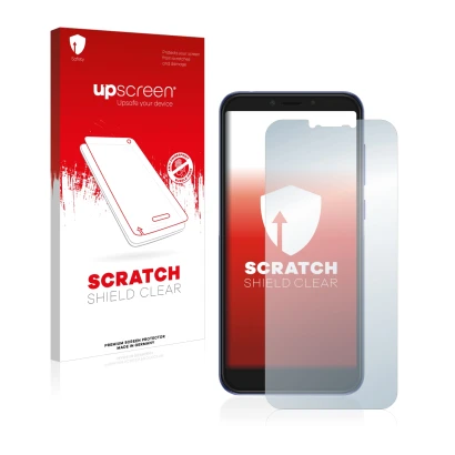 Vorderseite einer Produktverpackung mit dem Markenlogo upscreen. Daneben ist das Gerät Alcatel 1S 2019 mit dem zugehörigen Dis