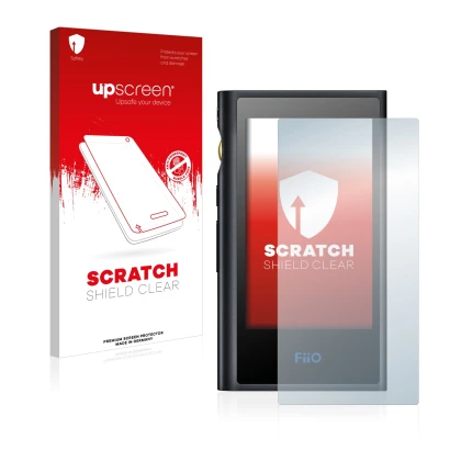 Vorderseite einer Produktverpackung mit dem Markenlogo upscreen. Daneben ist das Gerät FiiO M9 mit dem zugehörigen Displayschu