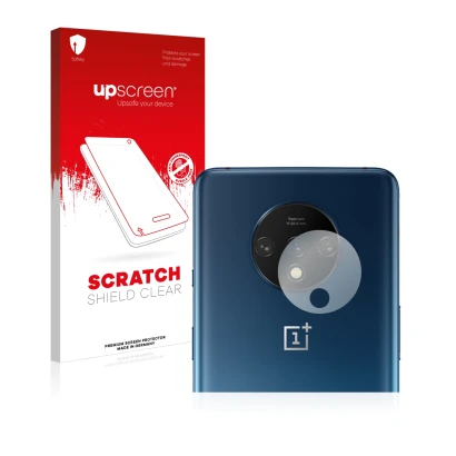 Vorderseite einer Produktverpackung mit dem Markenlogo upscreen. Daneben ist das Gerät OnePlus 7T (NUR Kameraschutz) mit dem z