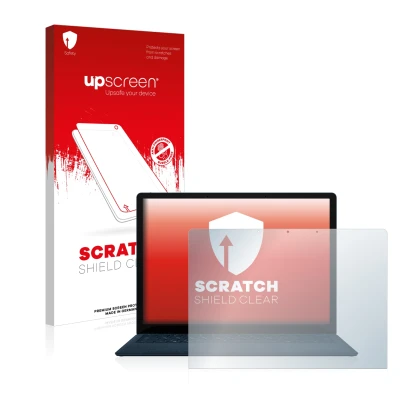 Vorderseite einer Produktverpackung mit dem Markenlogo upscreen. Daneben ist das Gerät Microsoft Surface Laptop 3 13.5