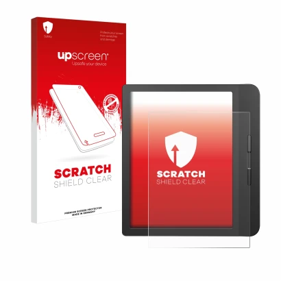 Vorderseite einer Produktverpackung mit dem Markenlogo upscreen. Daneben ist das Gerät Tolino Vision 5 mit dem zugehörigen Dis