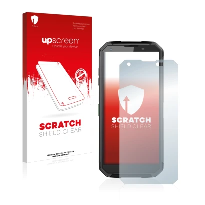 Vorderseite einer Produktverpackung mit dem Markenlogo upscreen. Daneben ist das Gerät Blackview BV9500 Plus mit dem zugehörig