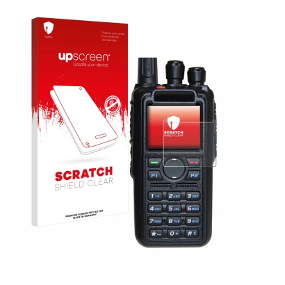 Vorderseite einer Produktverpackung mit dem Markenlogo upscreen. Daneben ist das Gerät AnyTone AT-D878UV Plus mit dem zugehöri