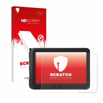 Vorderseite einer Produktverpackung mit dem Markenlogo upscreen. Daneben ist das Gerät Samsung Galaxy Tab Active Pro mit dem z